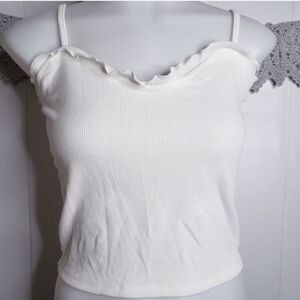 Hidden Brand Ribbed Cropped Lettuce Trim Spaghetti Strap Tank Top White Medium